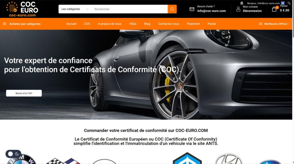 Page d’accueil du site coc-euro.com – Vente de certificats de conformité COC pour véhicules particuliers (Abarth, Aixam, Alfa Romeo, Aston Martin)