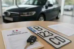 Carte grise française, plaque d’immatriculation et clés de voiture posées sur une table, avec un véhicule flou en arrière-plan.