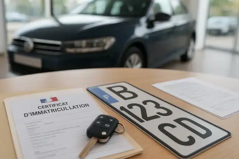 Carte grise française, plaque d’immatriculation et clés de voiture posées sur une table, avec un véhicule flou en arrière-plan.