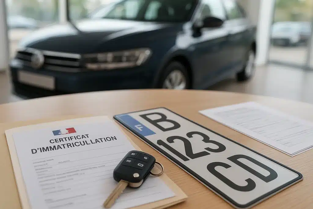 Carte grise française, plaque d’immatriculation et clés de voiture posées sur une table, avec un véhicule flou en arrière-plan.